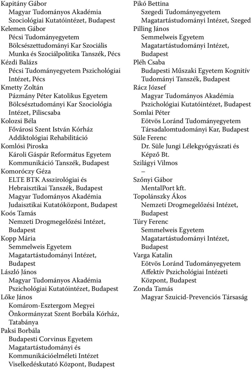 Addiktológiai Rehabilitáció Komlósi Piroska Károli Gáspár Református Egyetem Kommunikáció Tanszék, Budapest Komoróczy Géza ELTE BTK Asszirológiai és Hebraisztikai Tanszék, Budapest Magyar Tudományos
