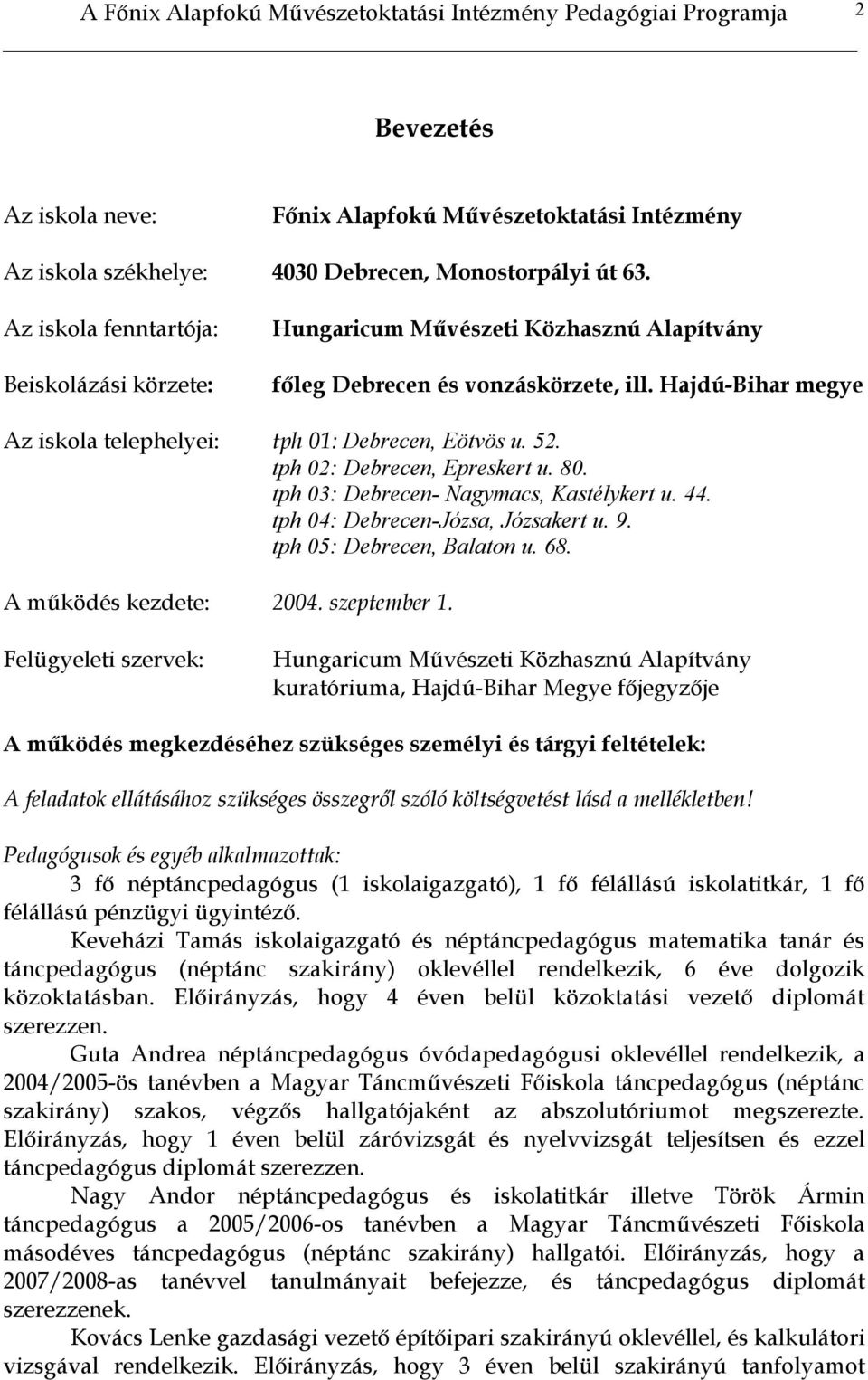 tph 02: Debrecen, Epreskert u. 80. tph 03: Debrecen- Nagymacs, Kastélykert u. 44. tph 04: Debrecen-Józsa, Józsakert u. 9. tph 05: Debrecen, Balaton u. 68. A működés kezdete: 2004. szeptember 1.