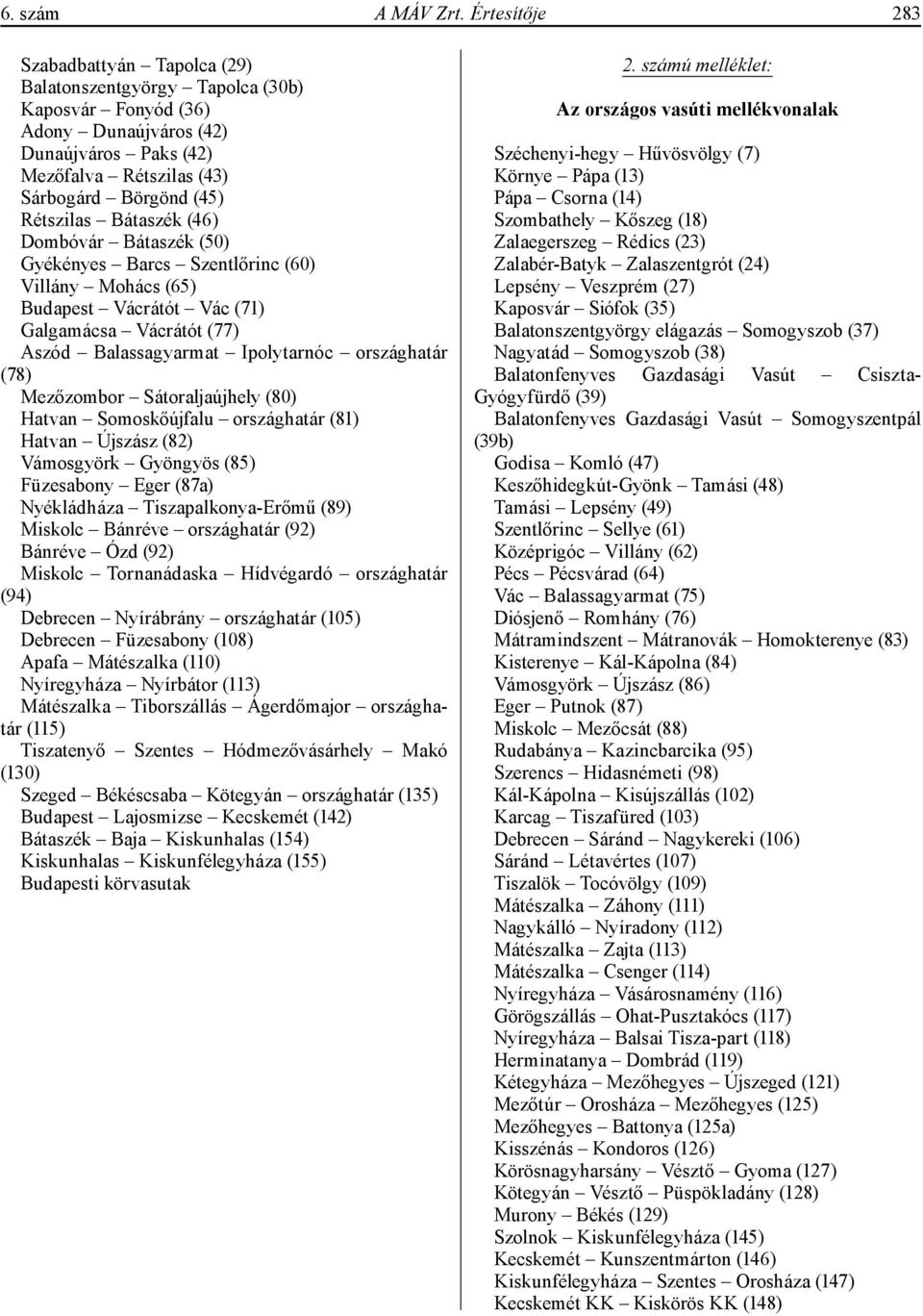 Bátaszék (46) Dombóvár Bátaszék (50) Gyékényes Barcs Szentlőrinc (60) Villány Mohács (65) Budapest Vácrátót Vác (71) Galgamácsa Vácrátót (77) Aszód Balassagyarmat Ipolytarnóc országhatár (78)