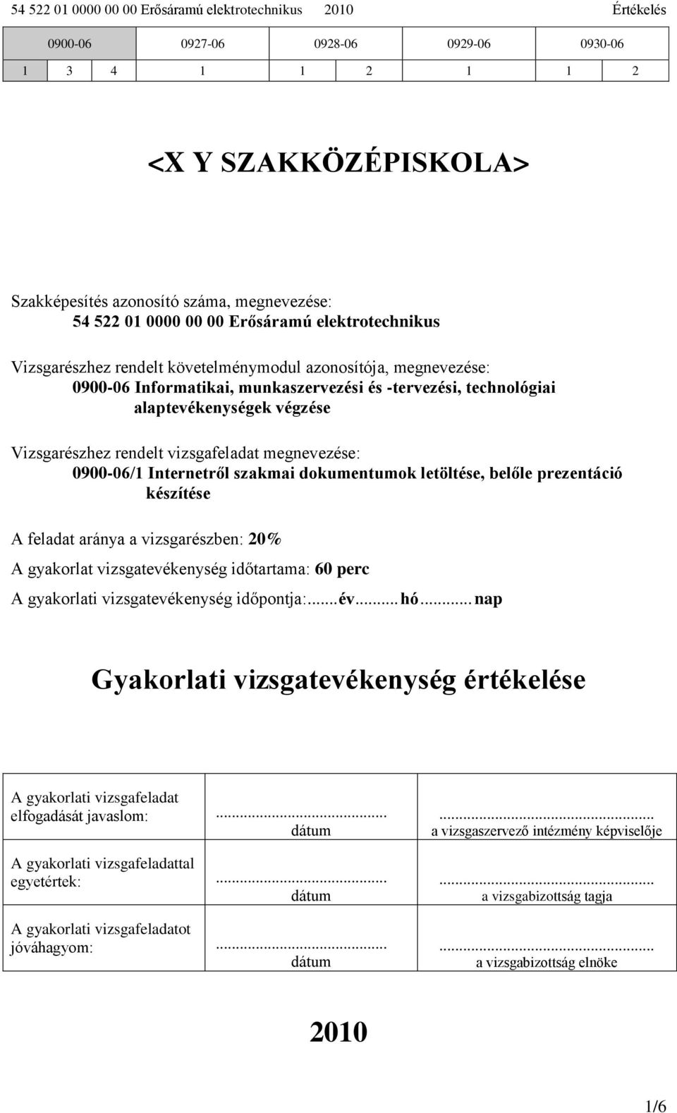 prezentáció készítése A feladat aránya a vizsgarészben: 20% A gyakorlat vizsgatevékenység időtartama: 60 perc A gyakorlati vizsgatevékenység időpontja:... év... hó.