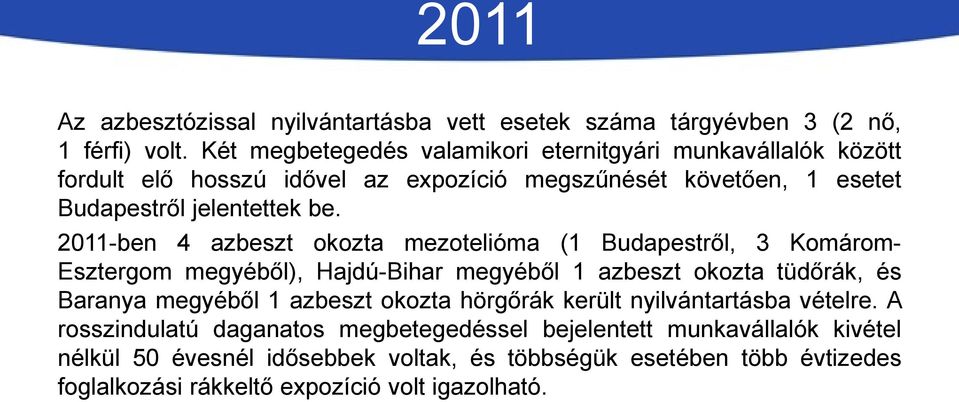 2011-ben 4 azbeszt okozta mezotelióma (1 Budapestről, 3 Komárom- Esztergom megyéből), Hajdú-Bihar megyéből 1 azbeszt okozta tüdőrák, és Baranya megyéből 1 azbeszt