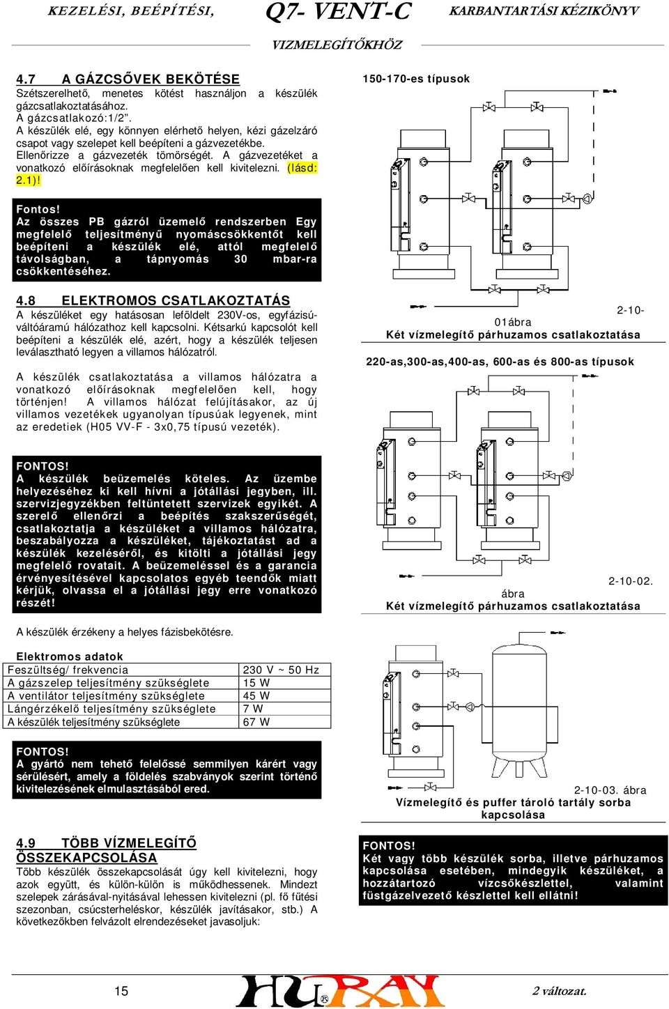 A gázvezetéket a vonatkozó előírásoknak megfelelően kell kivitelezni. (lásd: 2.1)! 150-170-es típusok Fontos!