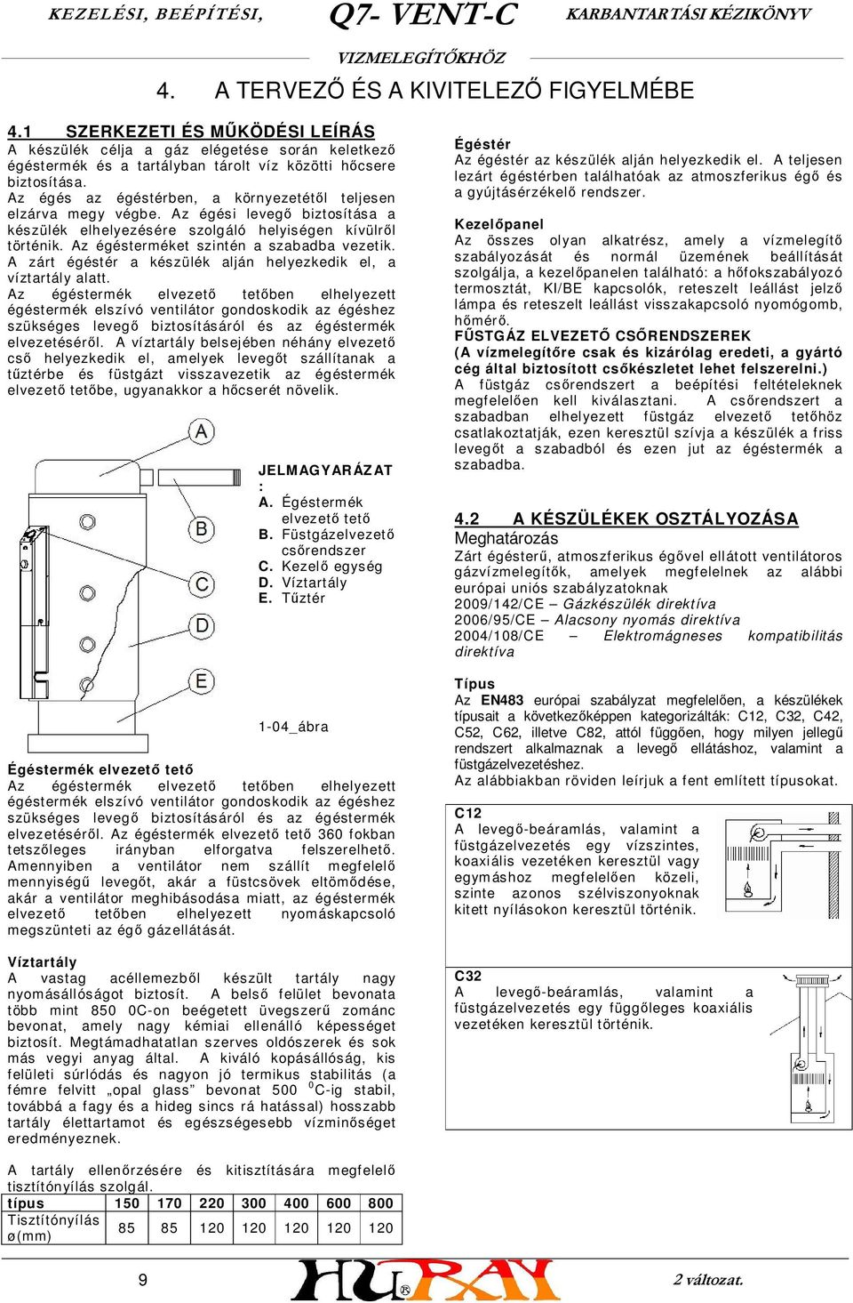 Az égésterméket szintén a szabadba vezetik. A zárt égéstér a készülék alján helyezkedik el, a víztartály alatt.