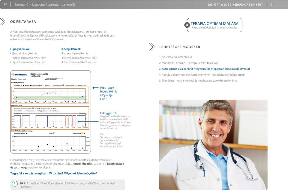 4 TERÁPIA OPTIMALIZÁLÁSA A terápia módosításainak meghatározása Hipoglikémiák: Éjszakai hipoglikémia Hipoglikémia étkezések előtt Hipoglikémia étkezések után Hiperglikémiák: Éjszakai hiperglikémia