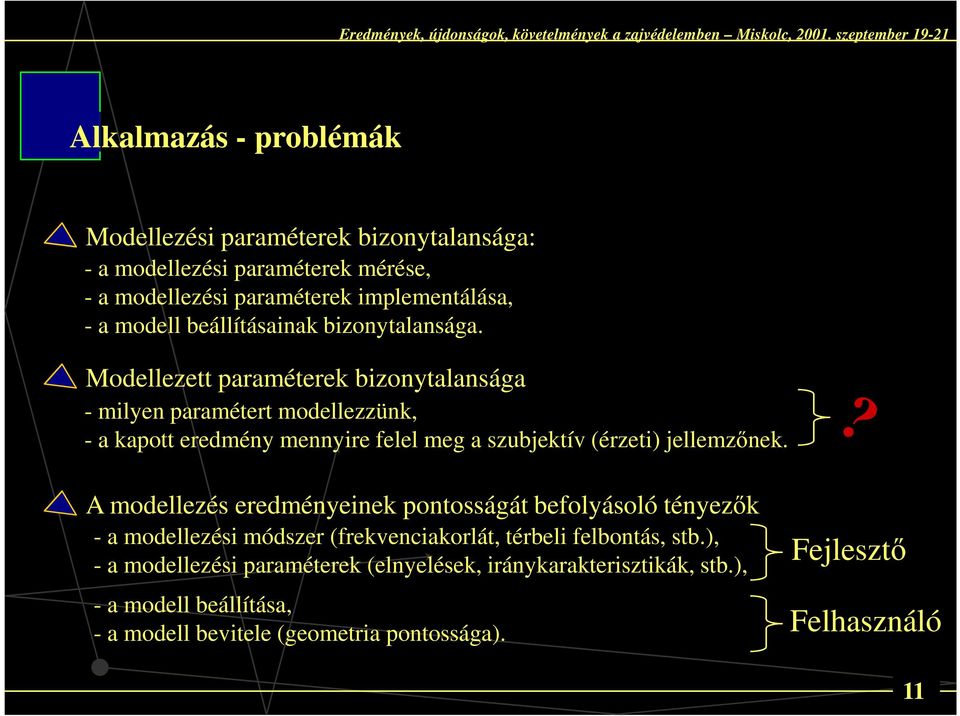 Modellezett paraméterek bizonytalansága - milyen paramétert modellezzünk, - a kapott eredmény mennyire felel meg a szubjektív (érzeti) jellemzőnek.