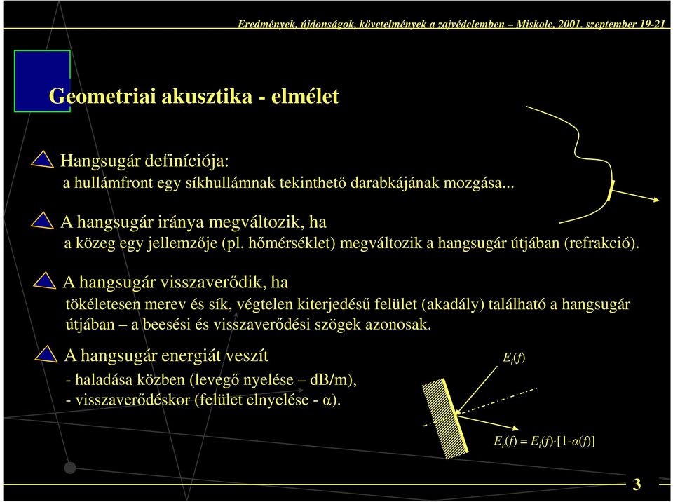 A hangsugár visszaverődik, ha tökéletesen merev és sík, végtelen kiterjedésű felület (akadály) található a hangsugár útjában a beesési és