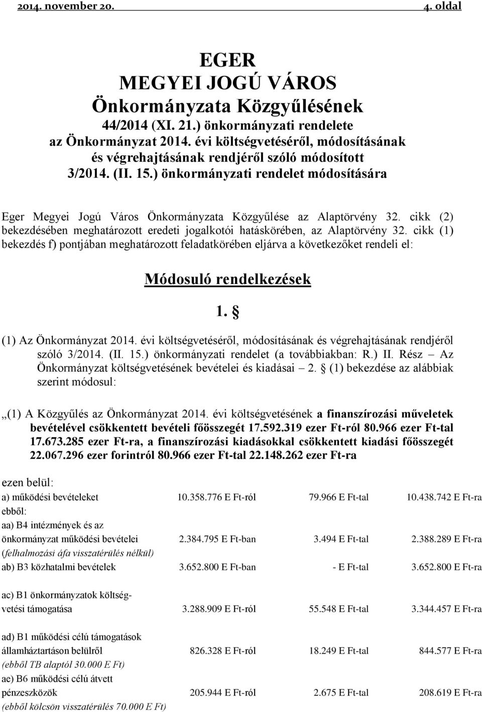 ) önkormányzati rendelet módosítására Eger Megyei Jogú Város Önkormányzata Közgyűlése az Alaptörvény 32. cikk (2) bekezdésében meghatározott eredeti jogalkotói hatáskörében, az Alaptörvény 32.