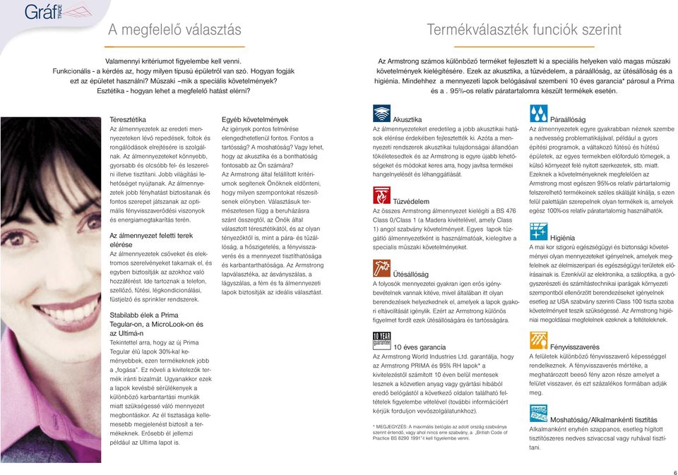 Az Armstrong számos különböző terméket fejlesztett ki a speciális helyeken való magas műszaki követelmények kielégítésére. Ezek az akusztika, a tűzvédelem, a páraállóság, az ütésállóság és a higiénia.