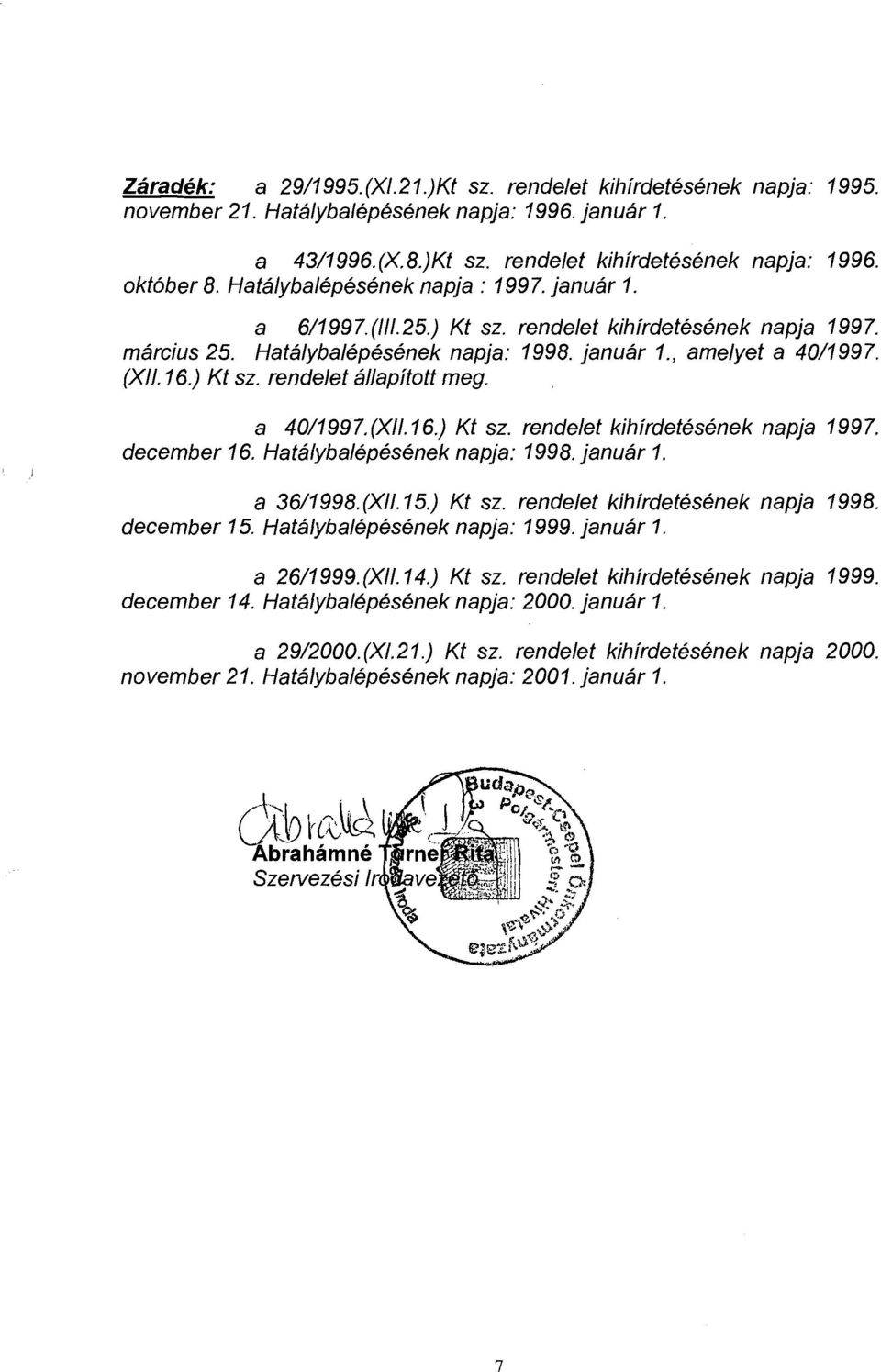 16.) Kt sz. rendelet allapitott meg. ' I a 40/199 7, (X11. 1 6.) Kt sz. rendelet kihirdetesenek napja 199 7. december 16. Hatalybalepesenek napja: 1998. januar I. a 36/1998. (X11. 15.) Kt sz. rendelet kihirdetesenek napja 1998.