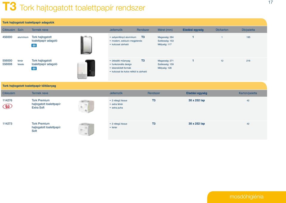 T3 Magasság: 271 1 12 216 556008 fekete toalettpapír adagoló funkcionális design Szélesség: 159 lekerekített formák Mélység: 128 kulccsal és kulcs nélkül is zárható Tork hajtogatott toalettpapír