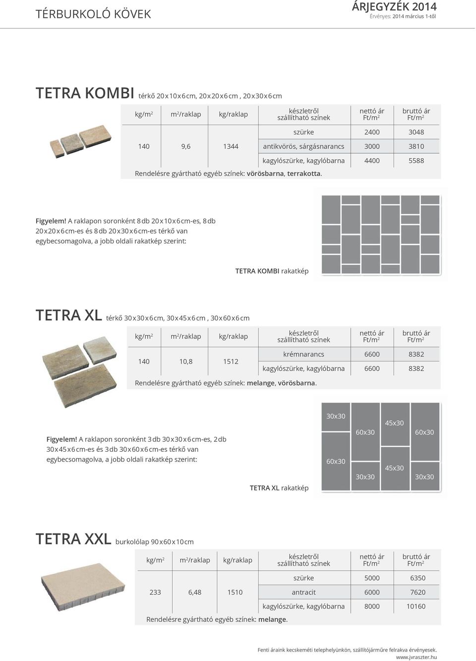 A raklapon soronként 8db 20x10x6cm-es, 8db 20x20x6cm-es és 8db 20x30x6cm-es térkő van egybecsomagolva, a jobb oldali rakatkép szerint: TETRA KOMBI rakatkép TETRA XL térkő 30x30x6cm, 30x45x6cm,