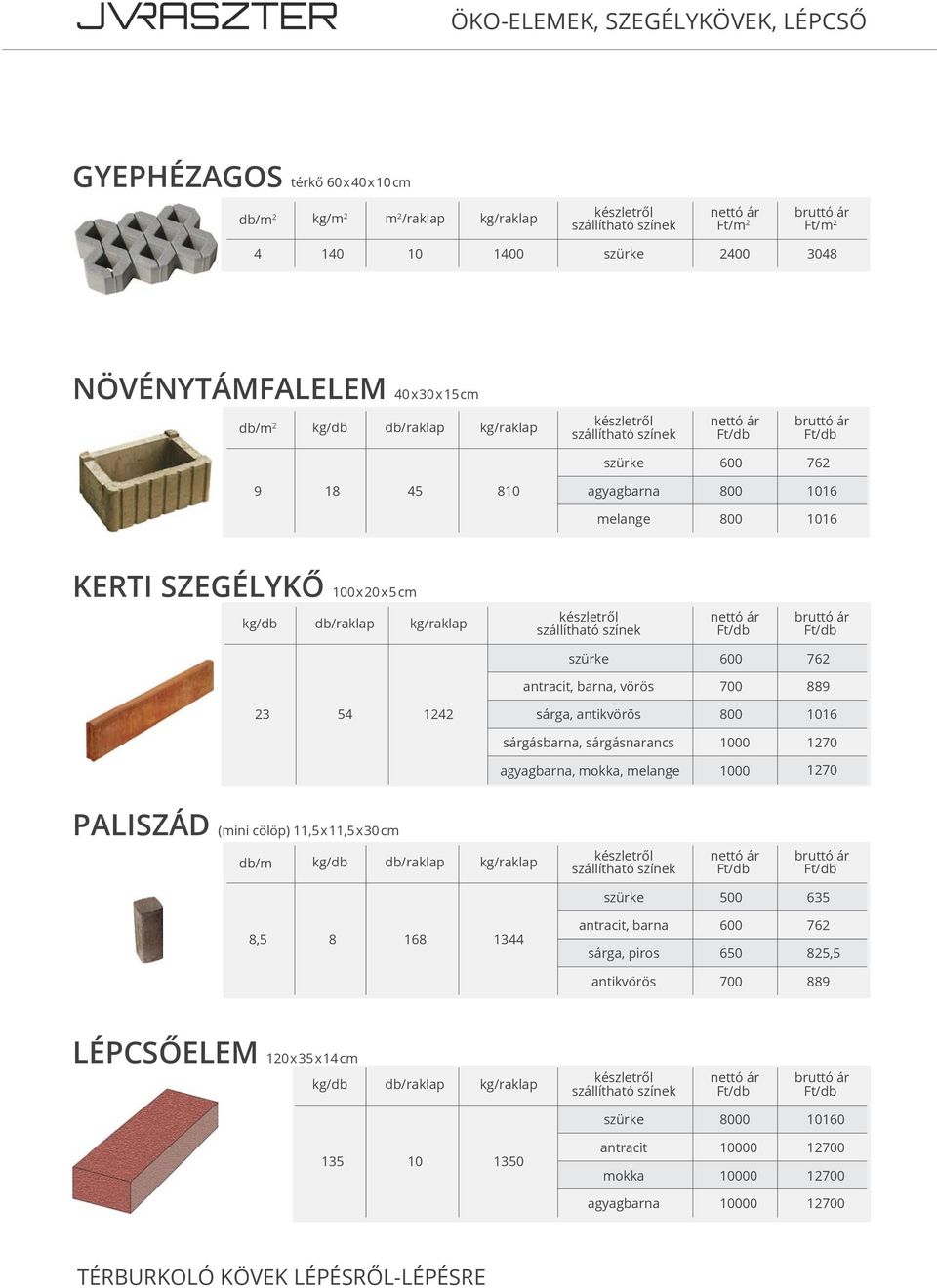 1270 agyagbarna, mokka, melange 1000 1270 PALISZÁD (mini cölöp) 11,5x11,5x30cm db/m 500 635 8,5 8 168 1344, barna sárga, piros 600 650 762