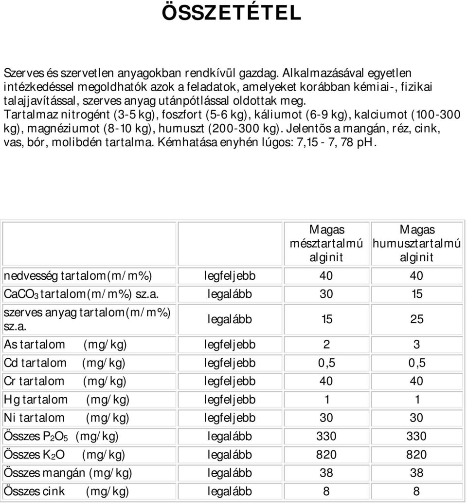 Tartalmaz nitrogént (3-5 kg), foszfort (5-6 kg), káliumot (6-9 kg), kalciumot (100-300 kg), magnéziumot (8-10 kg), humuszt (200-300 kg). Jelentõs a mangán, réz, cink, vas, bór, molibdén tartalma.