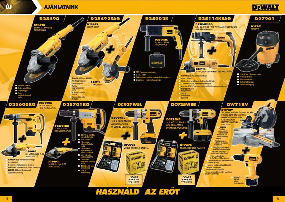 W-OS SAROKCSISZOLÓ D25600K: SDS-Max szerszámbefogás 2-10 J ütőerő 2 üzemmód: kalapácsfúrás és vésés Elektronikus fordulatszám és ütőerő szabályzás D28492: 230 mm tárcsaátmérő 2200 W teljesítmény