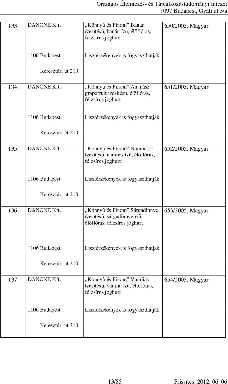 DANONE Könnyő és Finom Narancsos ízesítéső, narancs íző, élıflórás, félzsíros joghurt 652/2005. 1106 Budapest Lisztérzékenyek is fogyaszthatják 136.