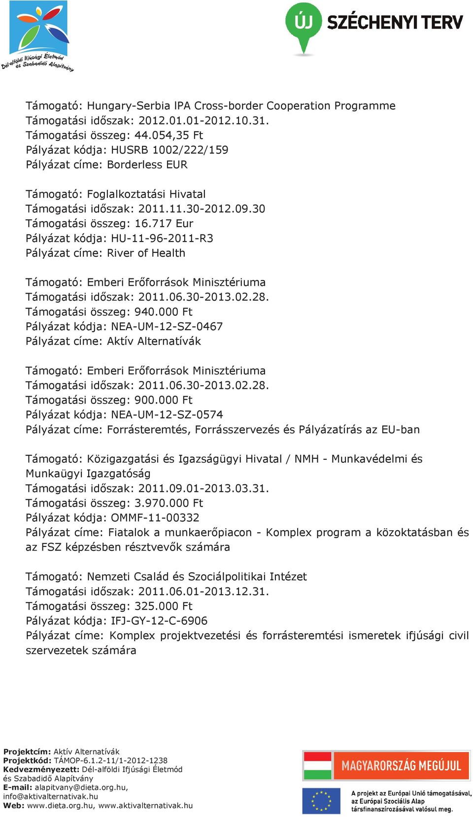 717 Eur Pályázat kódja: HU-11-96-2011-R3 Pályázat címe: River of Health Támogató: Emberi Erőforrások Minisztériuma Támogatási időszak: 2011.06.30-2013.02.28. Támogatási összeg: 940.
