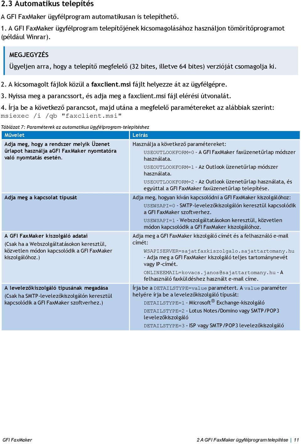 Nyissa meg a parancssort, és adja meg a faxclient.msi fájl elérési útvonalát. 4. Írja be a következő parancsot, majd utána a megfelelő paramétereket az alábbiak szerint: msiexec /i /qb "faxclient.