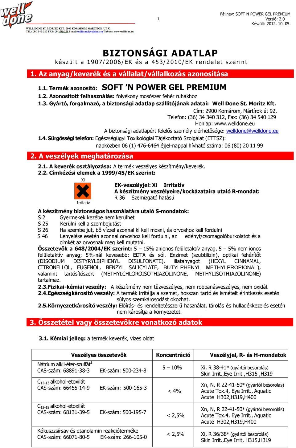 Telefon: (36) 34 340 312, Fax: (36) 34 540 129 Honlap: www.welldone.eu A biztonsági adatlapért felelős személy elérhetősége: welldone@welldone.eu 1.4. Sürgősségi telefon: Egészségügyi Toxikológiai Tájékoztató Szolgálat (ETTSZ): napközben 06 (1) 476-6464 éjjel-nappal hívható száma: 06 (80) 20 11 99 2.