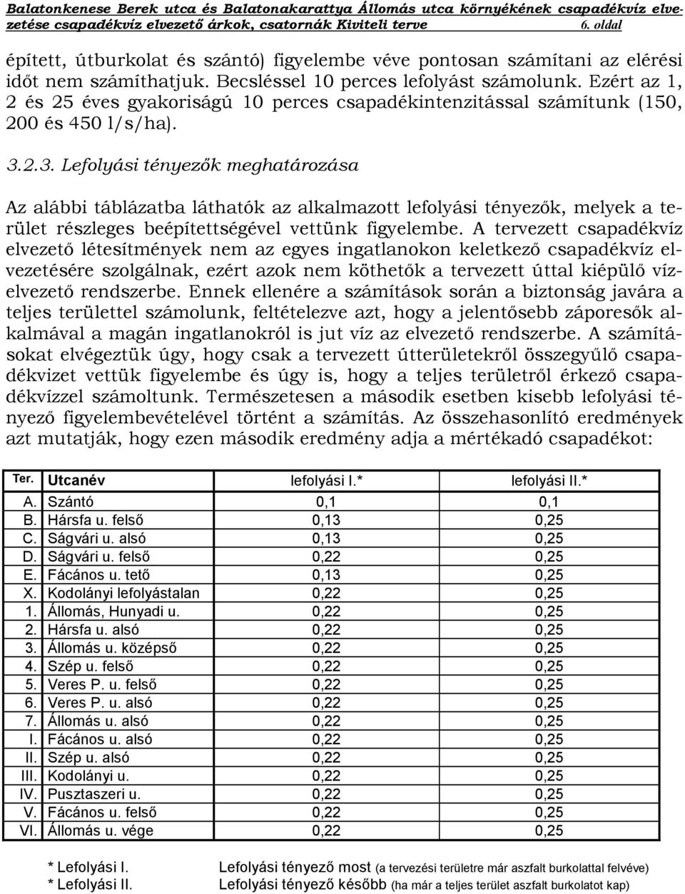 2.3. Lefolyási tényezők meghatározása Az alábbi táblázatba láthatók az alkalmazott lefolyási tényezők, melyek a terület részleges beépítettségével vettünk figyelembe.