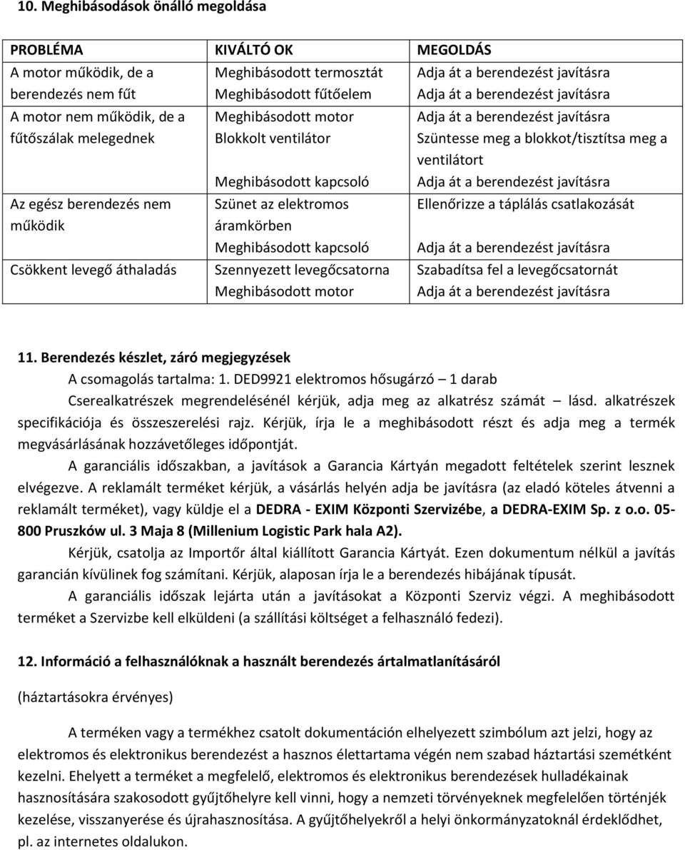 levegőcsatorna Meghibásodott motor Adja át a berendezést javításra Adja át a berendezést javításra Adja át a berendezést javításra Szüntesse meg a blokkot/tisztítsa meg a ventilátort Adja át a