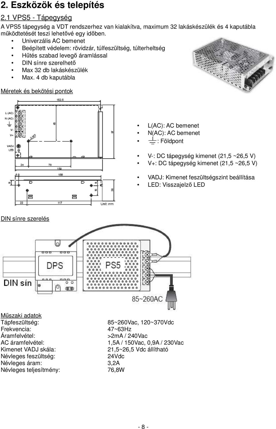 4 db kaputábla Méretek és bekötési pontok L(AC): AC bemenet N(AC): AC bemenet : Földpont V-: DC tápegység kimenet (21,5 ~26,5 V) V+: DC tápegység kimenet (21,5 ~26,5 V) VADJ: Kimenet feszültségszint