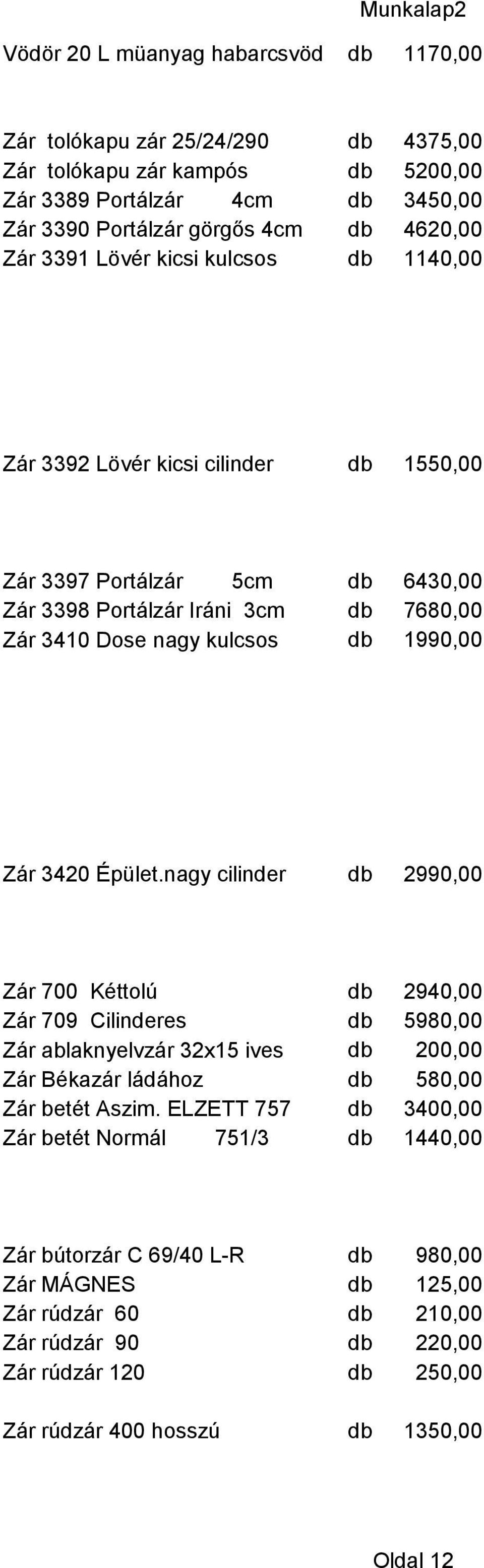 Épület.nagy cilinder db 2990,00 Zár 700 Kéttolú db 2940,00 Zár 709 Cilinderes db 5980,00 Zár ablaknyelvzár 32x15 ives db 200,00 Zár Békazár ládához db 580,00 Zár betét Aszim.