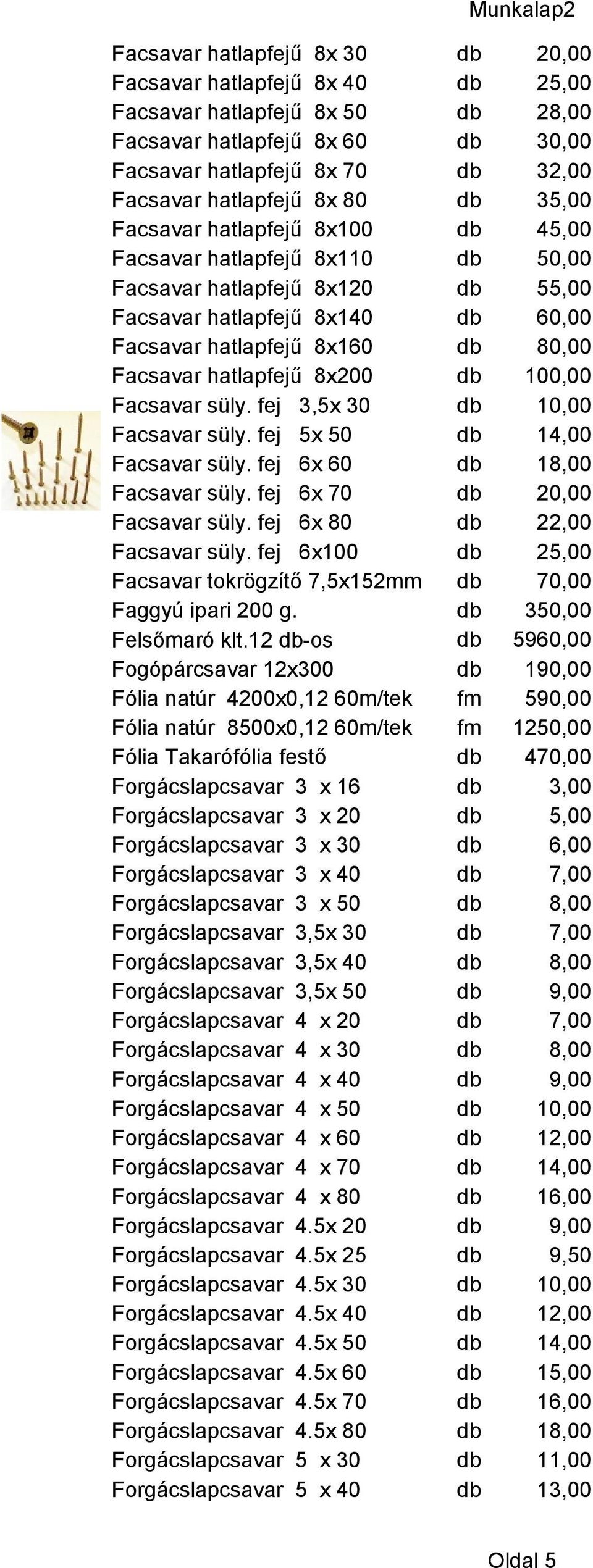 hatlapfejű 8x200 db 100,00 Facsavar süly. fej 3,5x 30 Facsavar süly. fej 5x 50 db 14,00 Facsavar süly. fej 6x 60 db 18,00 Facsavar süly. fej 6x 70 db 20,00 Facsavar süly.