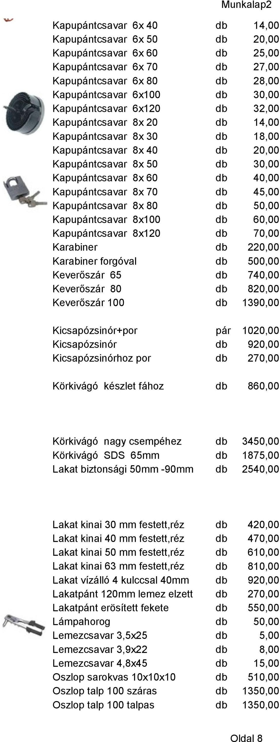 Kapupántcsavar 8x 80 db 50,00 Kapupántcsavar 8x100 db 60,00 Kapupántcsavar 8x120 db 70,00 Karabiner db 220,00 Karabiner forgóval db 500,00 Keverőszár 65 db 740,00 Keverőszár 80 db 820,00 Keverőszár