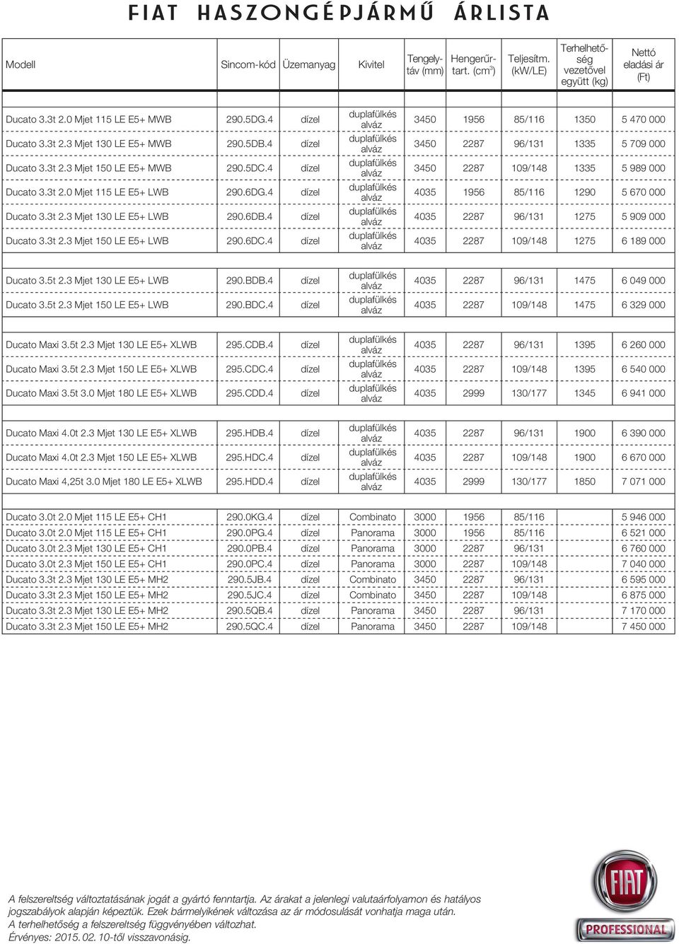 4 dízel Ducato 3.3t 2.3 Mjet 130 LE E5+ LWB 290.6DB.4 dízel Ducato 3.3t 2.3 Mjet 150 LE E5+ LWB 290.6DC.