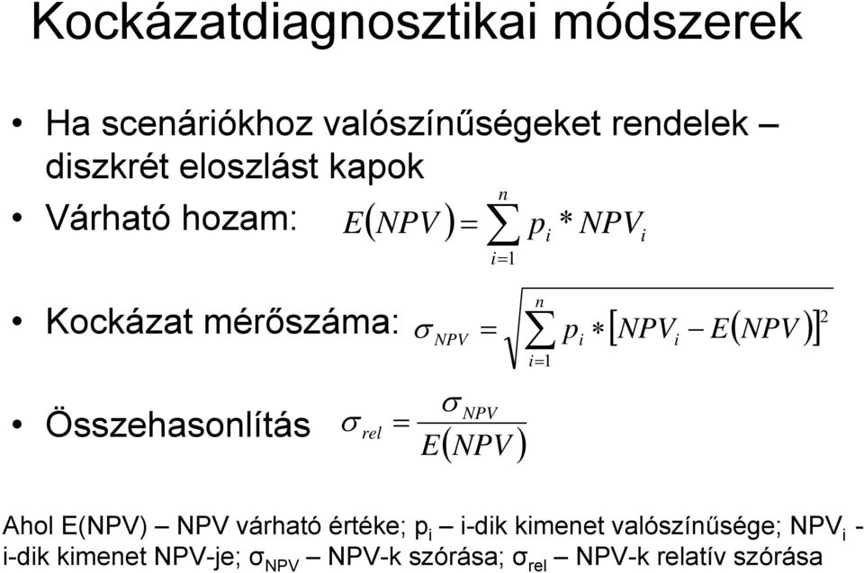 σ NPV σ E = NPV ( NPV ) n i= 1 p i [ NPV E( NPV )] i 2 Ahol E(NPV) NPV várható értéke; p i i-dik