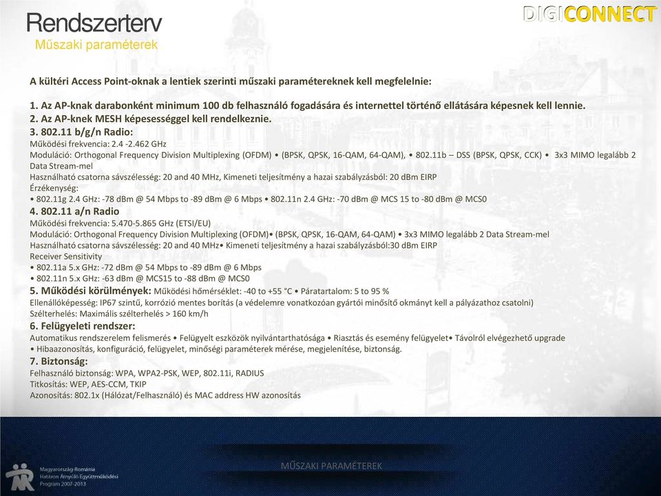 11 b/g/n Radio: Működési frekvencia: 2.4-2.462 GHz Moduláció: Orthogonal Frequency Division Multiplexing (OFDM) (BPSK, QPSK, 16-QAM, 64-QAM), 802.