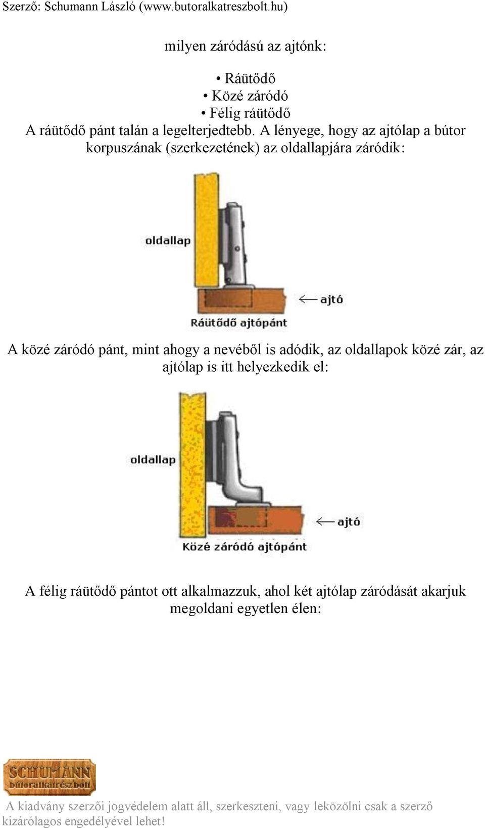 záródó pánt, mint ahogy a nevéből is adódik, az oldallapok közé zár, az ajtólap is itt helyezkedik