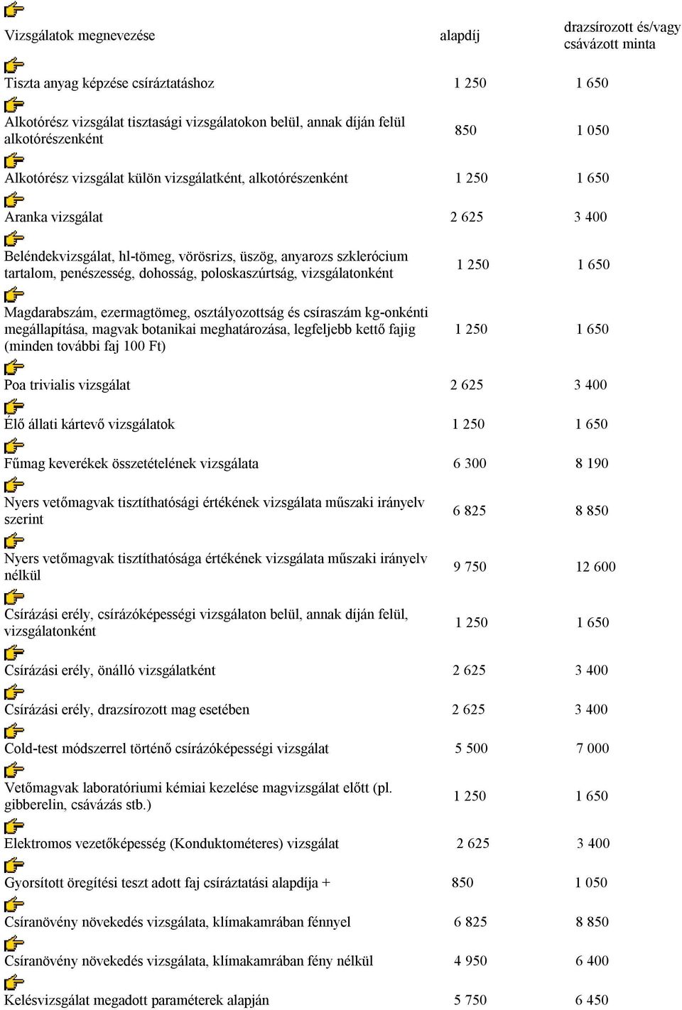 tartalom, penészesség, dohosság, poloskaszúrtság, vizsgálatonként Magdarabszám, ezermagtömeg, osztályozottság és csíraszám kg-onkénti megállapítása, magvak botanikai meghatározása, legfeljebb kettő