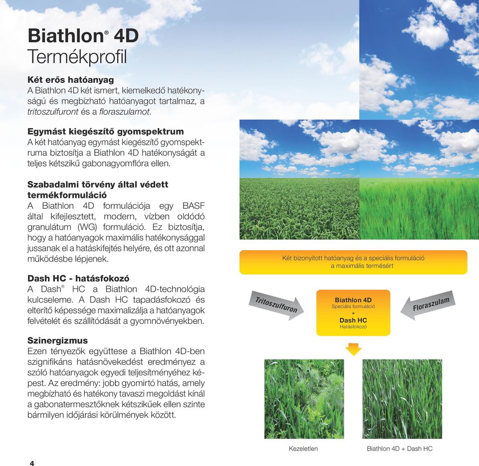 Szabadalmi törvény által védett termékformuláció A Biathlon 4D formulációja egy BASF által kifejlesztett, modern, vízben oldódó granulátum (WG) formuláció.