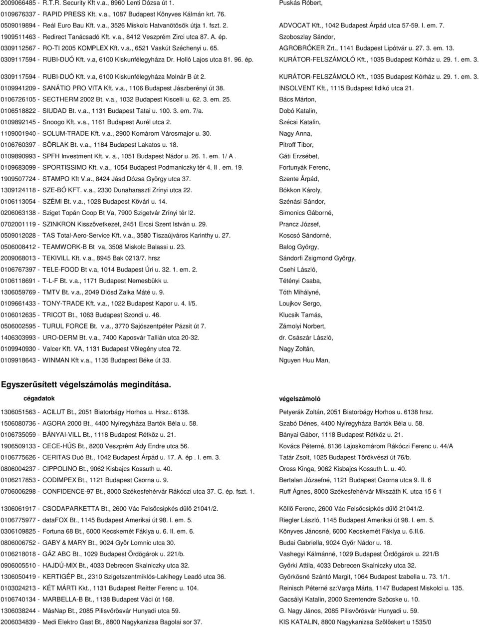 v.a., 6521 Vaskút Széchenyi u. 65. AGROBRÓKER Zrt., 1141 Budapest Lipótvár u. 27. 3. em. 13. 0309117594 - RUBI-DUÓ Kft. v.a, 6100 Kiskunfélegyháza Dr. Holló Lajos utca 81. 96. ép.
