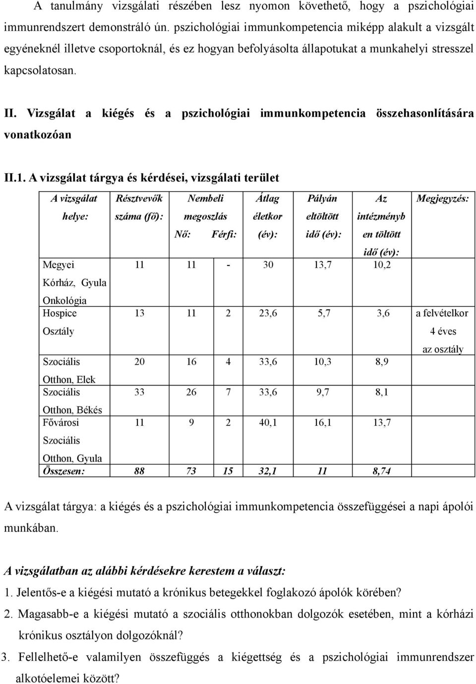 Vizsgálat a kiégés és a pszichológiai immunkompetencia összehasonlítására vonatkozóan II.1.