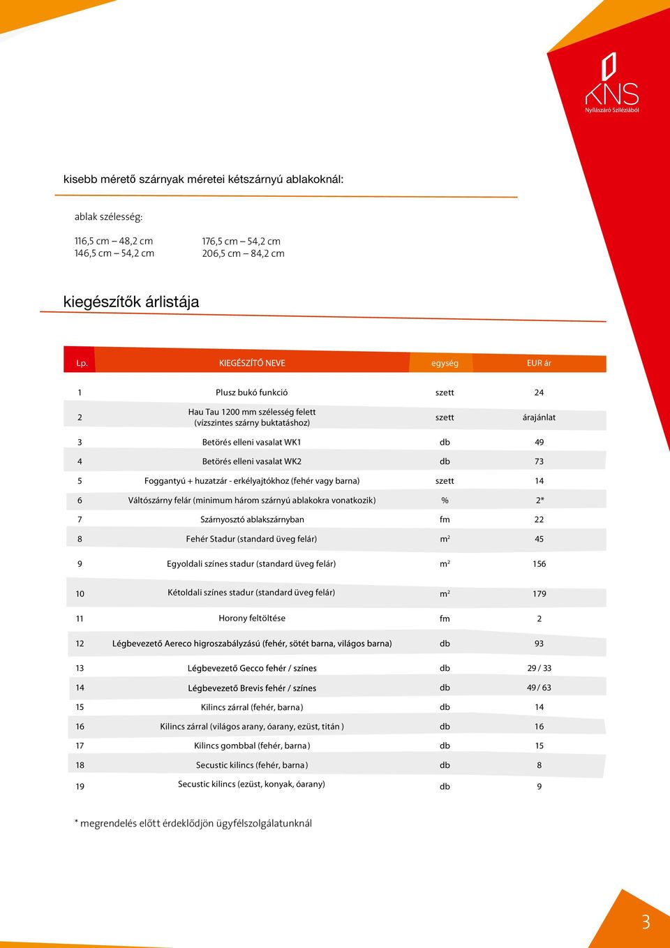 Foggantyú + huzatzár - erkélyajtókhoz (fehér vagy barna) szett 6 Váltószárny felár (minimum három szárnyú ablakokra vonatkozik) % 2* 7 Szárnyosztó ablakszárnyban fm 22 8 Fehér Stadur (standard üveg