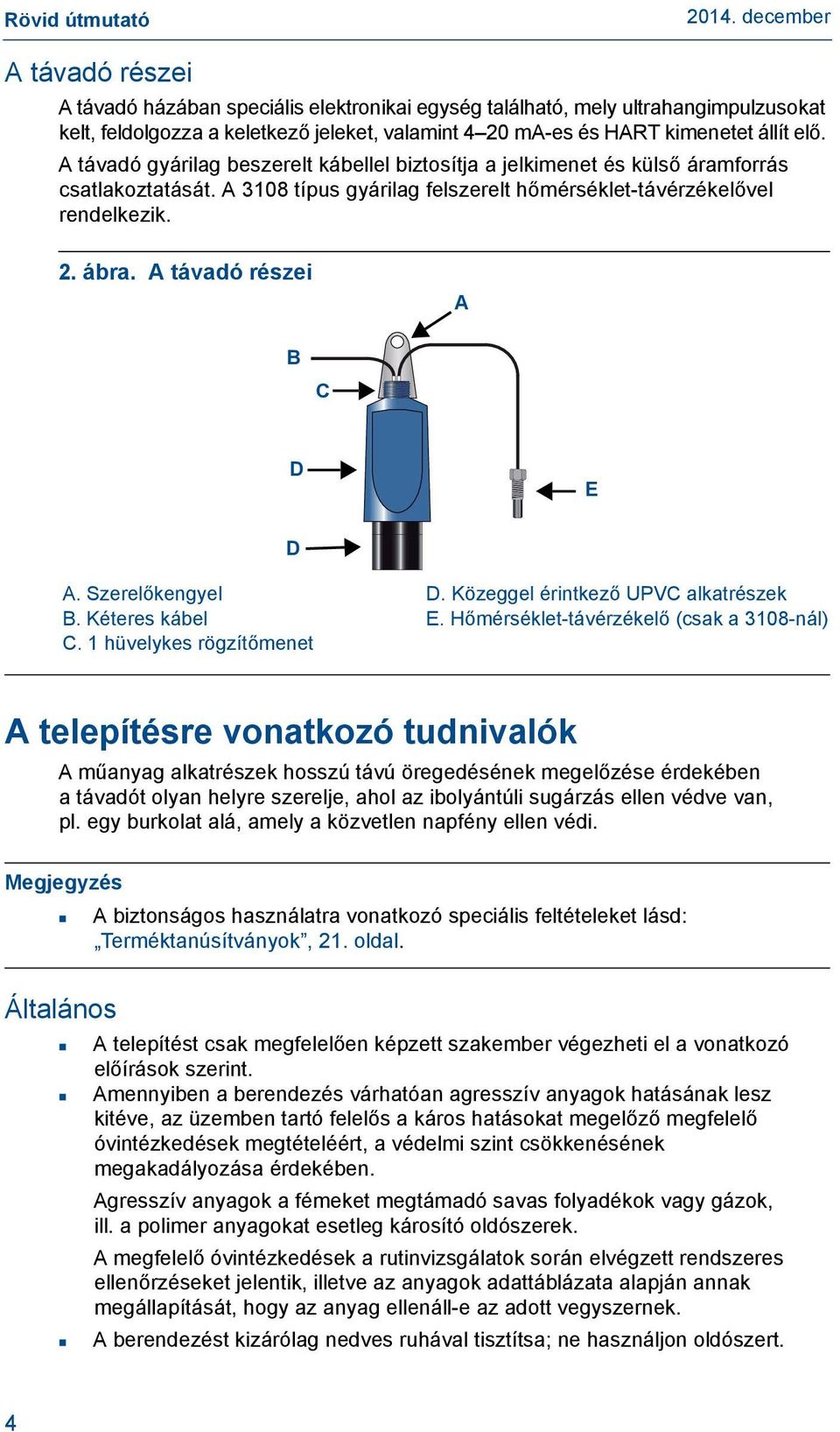 A távadó részei A B C D E D A. Szerelőkengyel D. Közeggel érintkező UPVC alkatrészek B. Kéteres kábel E. Hőmérséklet-távérzékelő (csak a 3108-nál) C.