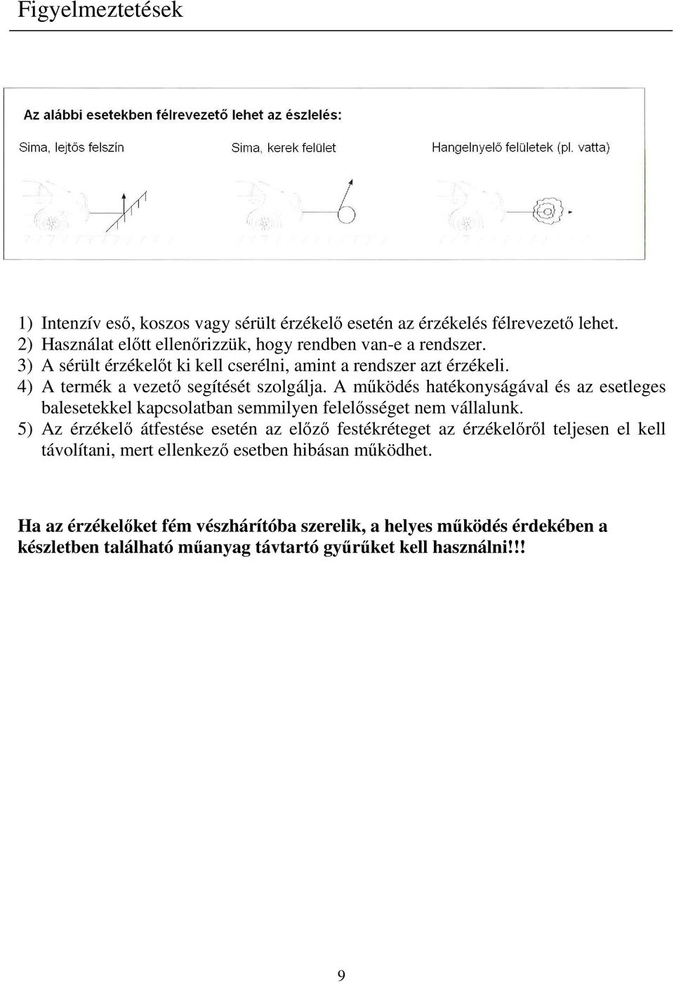 A működés hatékonyságával és az esetleges balesetekkel kapcsolatban semmilyen felelősséget nem vállalunk.