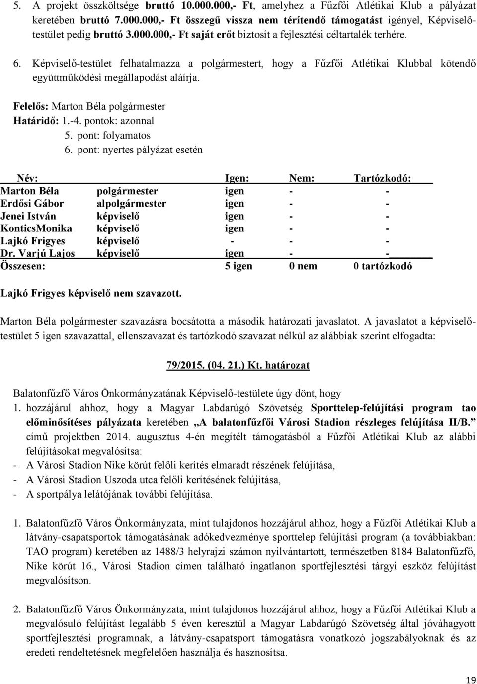 Határidő: 1.-4. pontok: azonnal 5. pont: folyamatos 6. pont: nyertes pályázat esetén Lajkó Frigyes képviselő - - - Összesen: 5 igen 0 nem 0 tartózkodó Lajkó Frigyes képviselő nem szavazott.