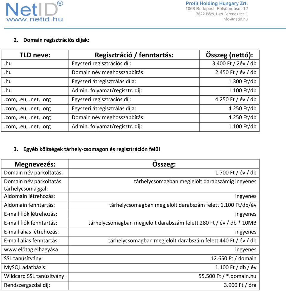 250 Ft/db.com,.eu,.net,.org Domain név meghosszabbítás: 4.250 Ft/db.com,.eu,.net,.org Admin. folyamat/regisztr. díj: 1.100 Ft/db 3.