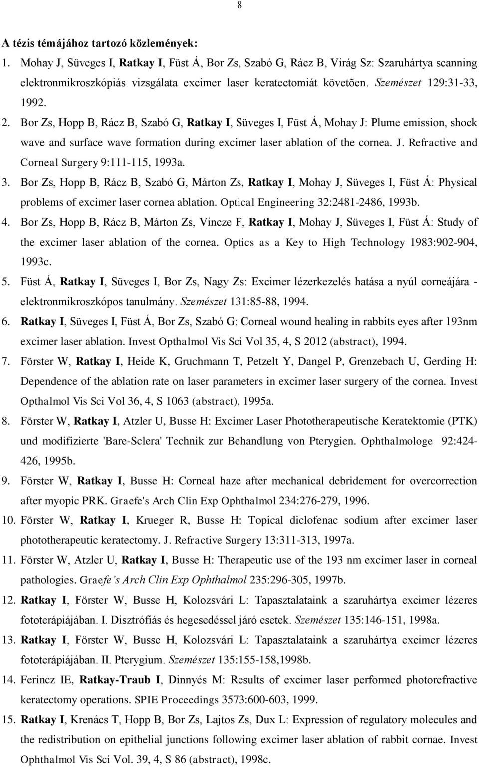 Bor Zs, Hopp B, Rácz B, Szabó G, Ratkay I, Süveges I, Füst Á, Mohay J: Plume emission, shock wave and surface wave formation during excimer laser ablation of the cornea. J. Refractive and Corneal Surgery 9:111-115, 1993a.