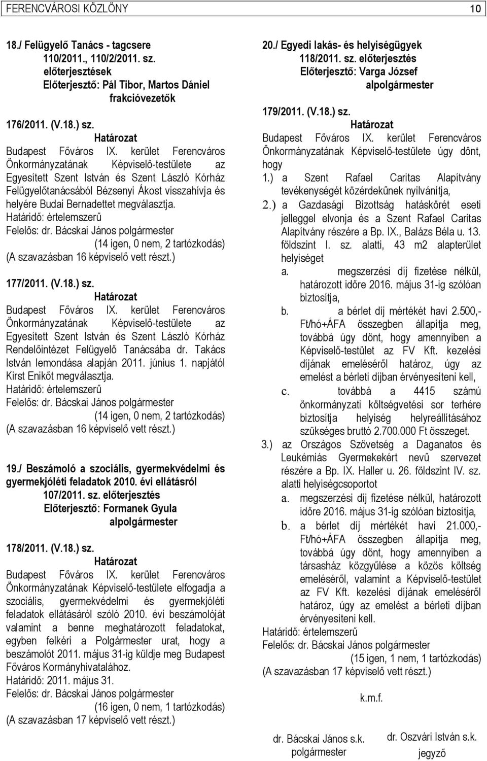 kerület Ferencváros Önkormányzatának Képviselő-testülete az Egyesített Szent István és Szent László Kórház Felügyelőtanácsából Bézsenyi Ákost visszahívja és helyére Budai Bernadettet megválasztja.