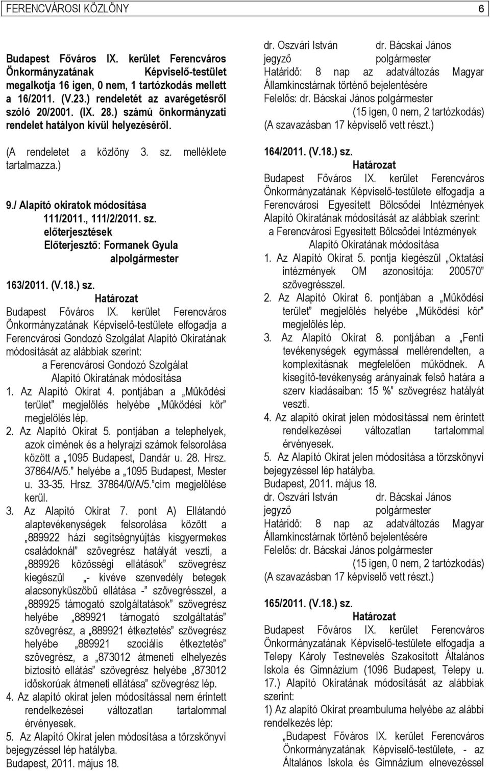 / Alapító okiratok módosítása 111/2011., 111/2/2011. sz. előterjesztések Előterjesztő: Formanek Gyula alpolgármester 163/2011. (V.18.) sz. Határozat Budapest Főváros IX.