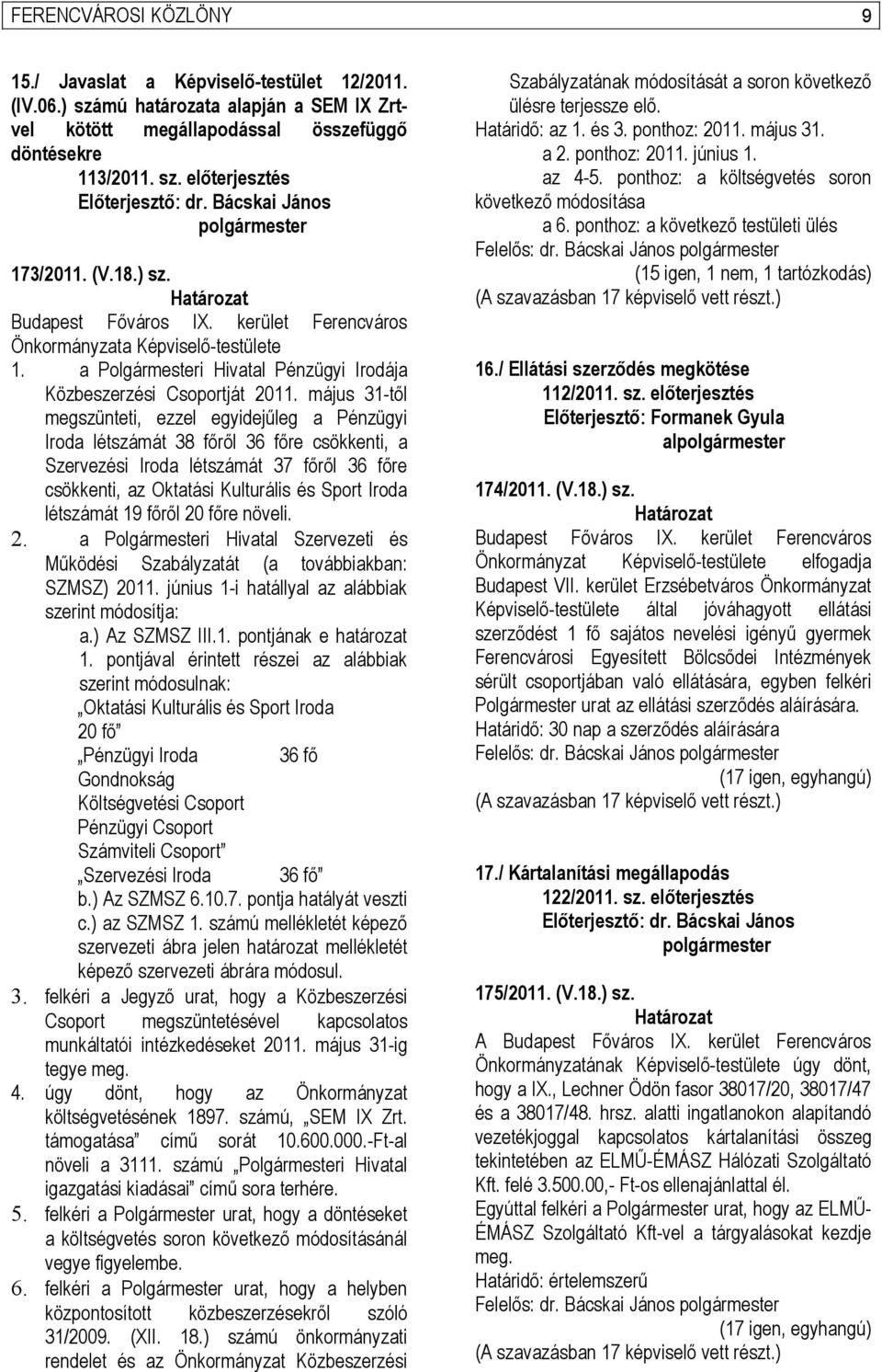a Polgármesteri Hivatal Pénzügyi Irodája Közbeszerzési Csoportját 2011.