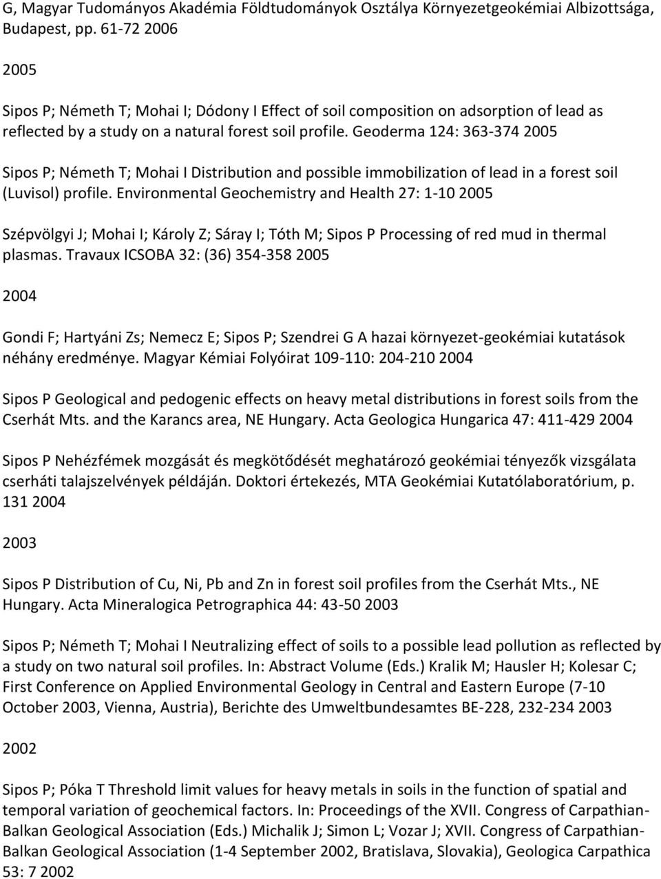 Geoderma 124: 363-374 2005 Sipos P; Németh T; Mohai I Distribution and possible immobilization of lead in a forest soil (Luvisol) profile.