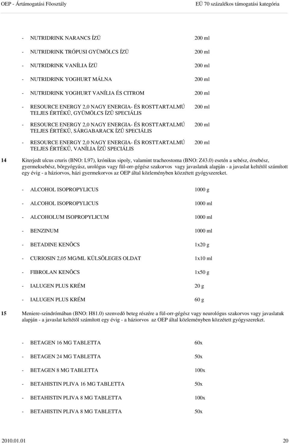 SPECIÁLIS - RESOURCE ENERGY 2,0 NAGY ENERGIA- ÉS ROSTTARTALMÚ TELJES ÉRTÉKÛ, VANÍLIA ÍZÛ SPECIÁLIS 200 ml 200 ml 200 ml 14 Kiterjedt ulcus cruris (BNO: L97), krónikus sipoly, valamint tracheostoma