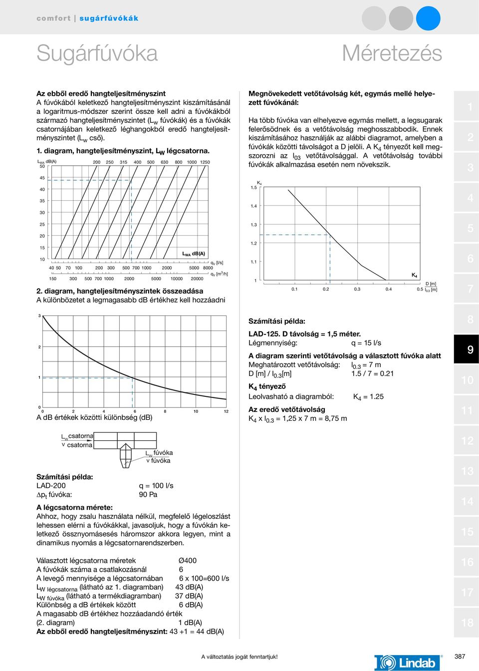 . diagram, hangteljesítményszintek összeadása A különbözetet a legmagasabb db értékhez kell hozzáadni A db értékek közötti különbség (db) Számítási példa: AD-00 = 0 l/s Δp t fúvóka: 0 Pa A