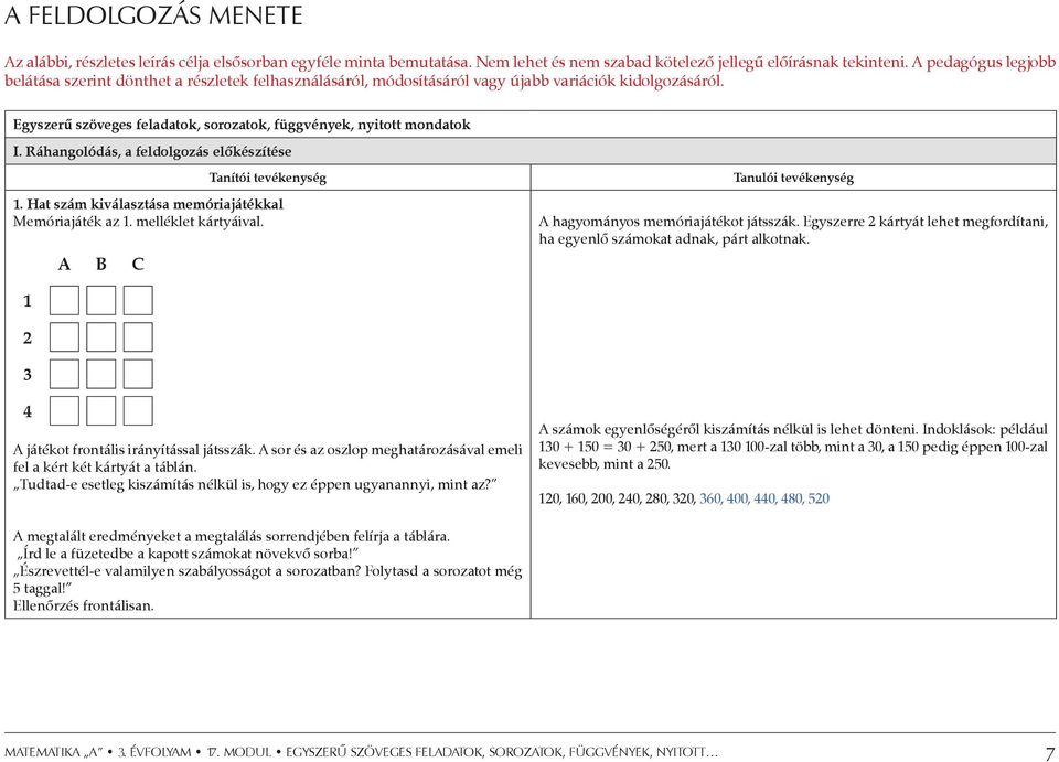 Ráhangolódás, a feldolgozás előkészítése Tanítói tevékenység 1. Hat szám kiválasztása memóriajátékkal Memóriajáték az 1. melléklet kártyáival.