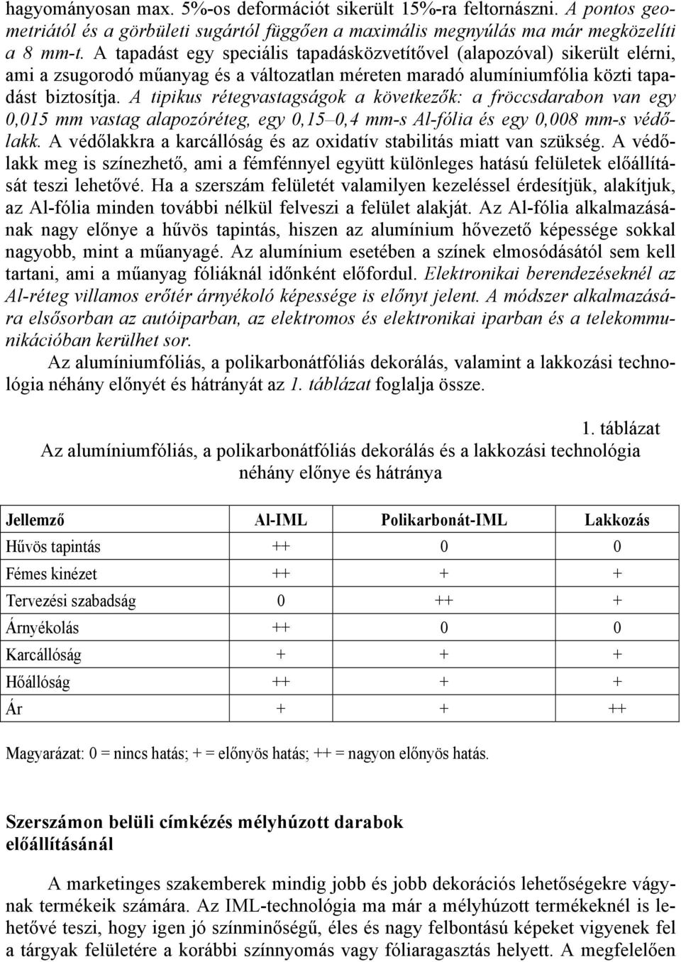 A tipikus rétegvastagságok a következők: a fröccsdarabon van egy 0,015 mm vastag alapozóréteg, egy 0,15 0,4 mm-s Al-fólia és egy 0,008 mm-s védőlakk.